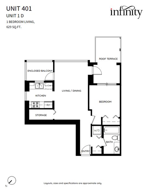 Floor plan for 1 bed, 1 bath